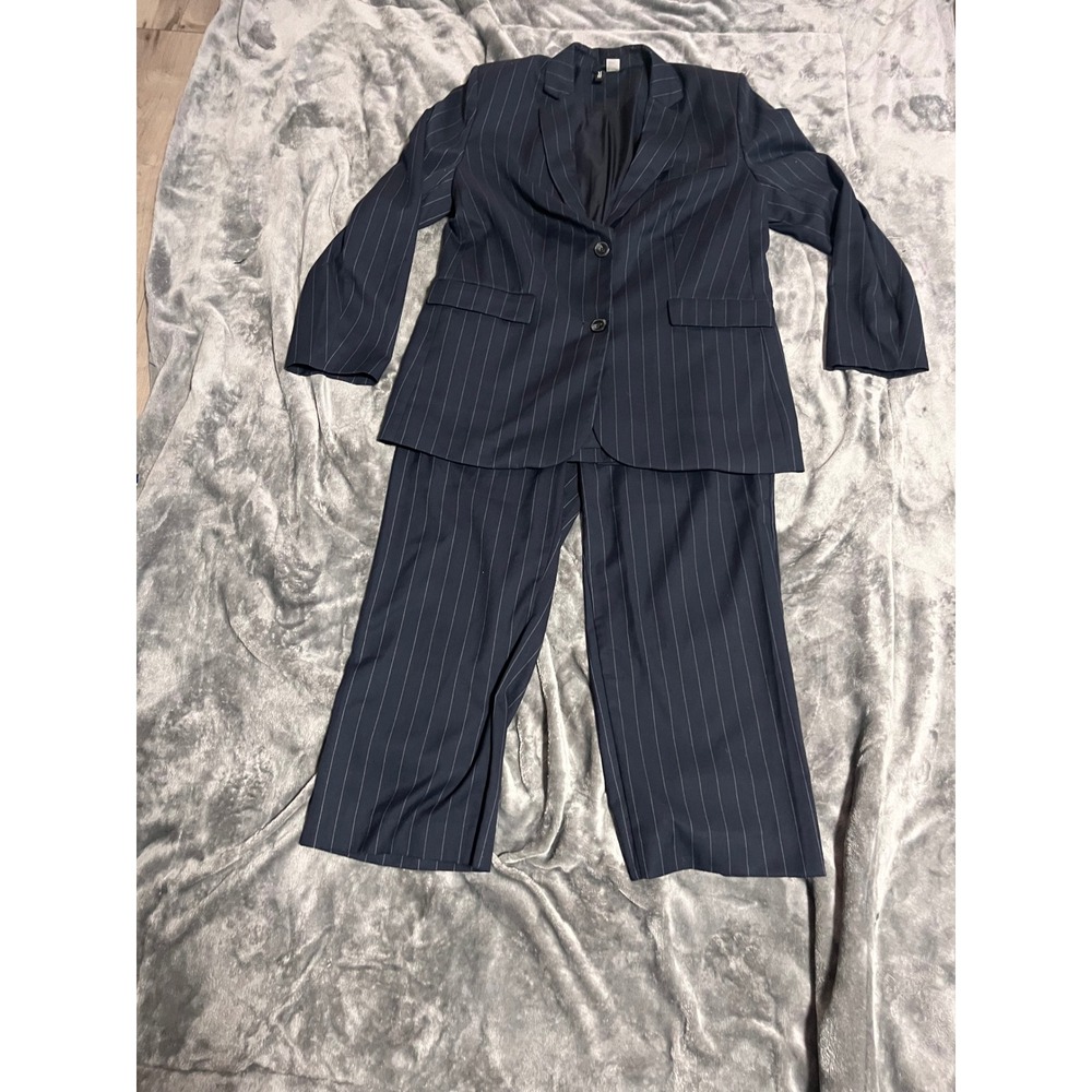 HM Divided Womens Pinstripe Pant Suit Navy Blue Blazer Wide Leg Trousers Set M